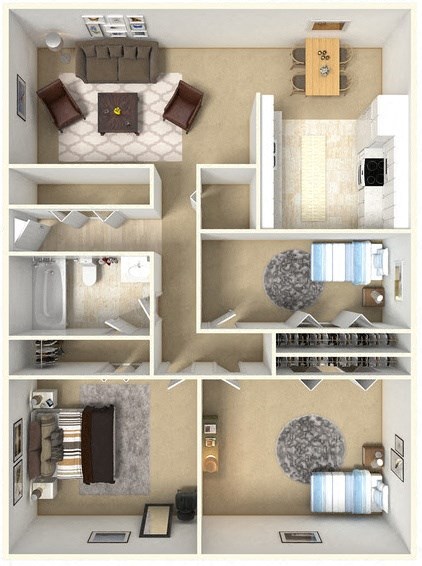 a floor plan of a 3 bedroom apartment at Kirkwood Meadows, Pocatello